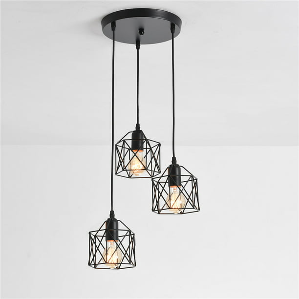 Dining Room Black E26 Base Foyer Industrial Pendant Light Farmhouse Cafe 3-Light Metal Cage Rustic Hanging Pedant Lights Fixture Ceiling with Glass Shade for Kitchen Island 